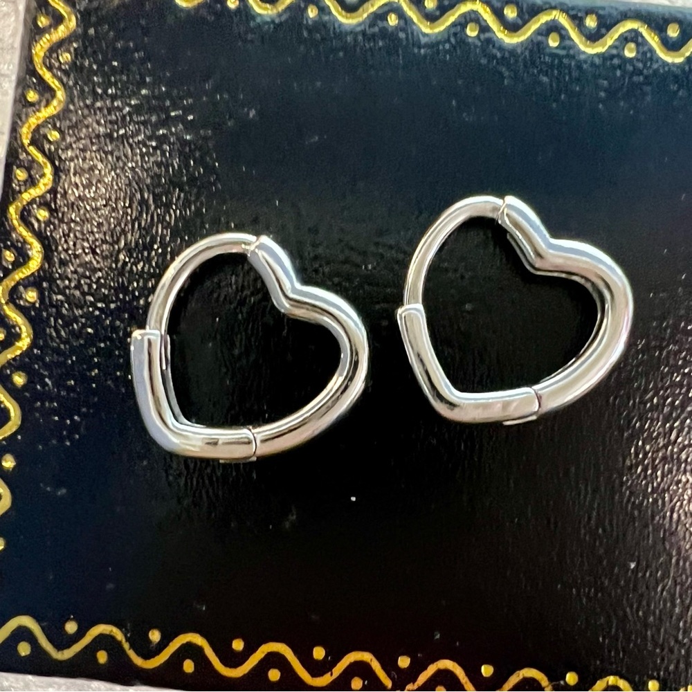 New! White Gold Heart Huggie Hoops. Small heart shaped hoop earrings